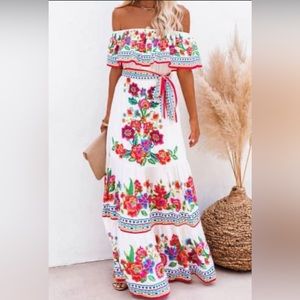White and floral off shoulder maxi dress size 2XL. AiE is more like l-xl. New